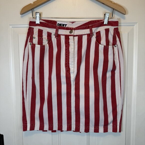 DKNY Jeans VTG Red & White Stripped Denim Short Skirt Sz 10 - Picture 1 of 12